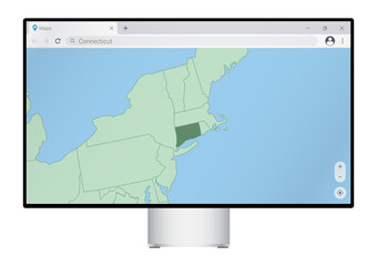 Computer monitor with map of Connecticut in browser, search for the country of Connecticut on the web mapping program.