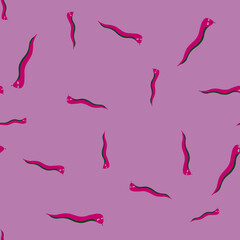 Funny style animal seamless pattern with bright pink random snakes print. Pastel lilac background.