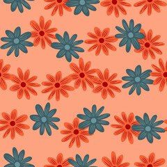 Hand drawn floral seamless pattern with red and blue bright daisy flowers shapes. Pastel pink background.