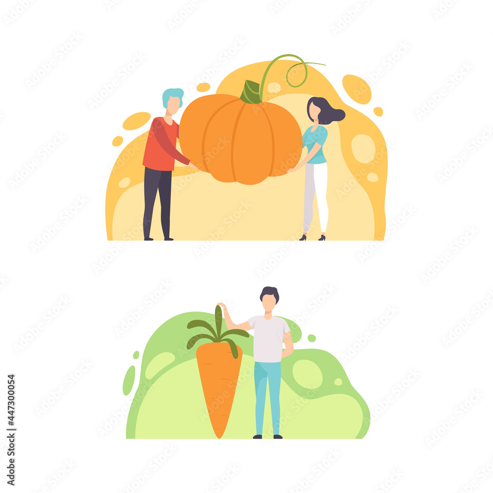 Poster Tiny People Holding Huge Vegetables, Man and Woman Standing with Pumpkin and Carrot, Healthy Diet, Eco Natural Food Concept Cartoon Vector Illustration