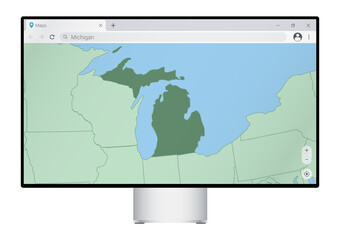 Computer monitor with map of Michigan in browser, search for the country of Michigan on the web mapping program.