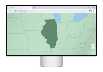 Computer monitor with map of Illinois in browser, search for the country of Illinois on the web mapping program.