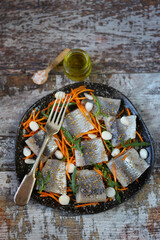 Pickled herring with spices. Healthy snack. Norwegian herring.