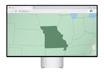 Computer monitor with map of Missouri in browser, search for the country of Missouri on the web mapping program.