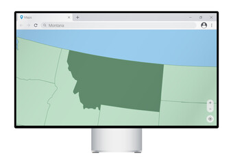 Computer monitor with map of Montana in browser, search for the country of Montana on the web mapping program.