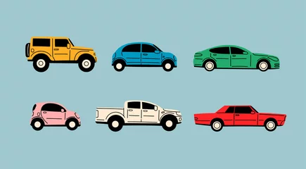 Papier Peint photo Lavable Voitures de dessin animé Various Cars. Different types of cars: sedan, SUV, pickup, coupe, hatchback, retro car. Automobile, motor transport concept. Cartoon style. Hand drawn trendy Vector illustration. Every car is isolated