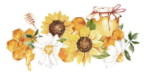 Watercolor honey illustration, Sunflower rustic design, Honey logo, honey comb, Haney jar composition for meny, cards, invitations, printing, stationery - 447301009