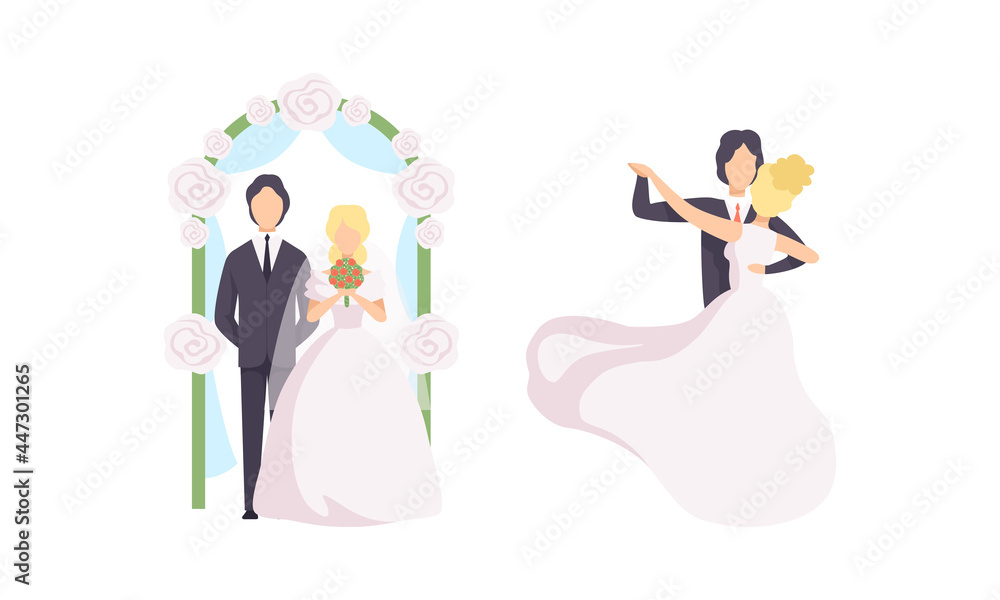 Wall mural just married newlyweds set, happy couple celebrating marriage, bride and groom dancing flat vector i