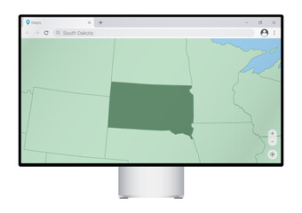Computer monitor with map of South Dakota in browser, search for the country of South Dakota on the web mapping program.