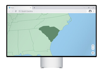 Computer monitor with map of South Carolina in browser, search for the country of South Carolina on the web mapping program.