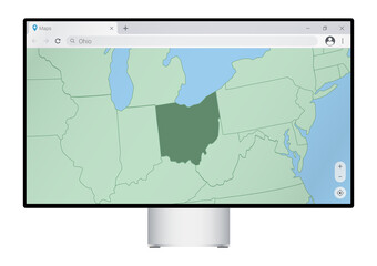 Computer monitor with map of Ohio in browser, search for the country of Ohio on the web mapping program.