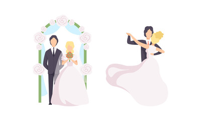 Just Married Newlyweds Set, Happy Couple Celebrating Marriage, Bride and Groom Dancing Flat Vector Illustration