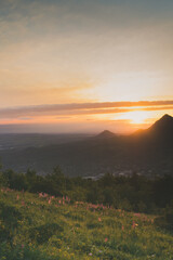 Sunset. Landscape of ridge mountains, sky sunrise, nature background. National Park