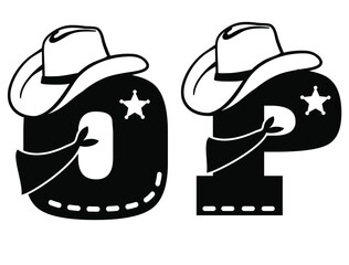English alphabetblack silhouette. Vector illustration of letter O and P with western decoration Cowboy hat and sheriff star isolated on white background. Cowboy baby cartoon party style characters