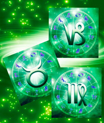 Three zodiac Earth signs Taurus, Virgo, Capricorn over starry astrology background