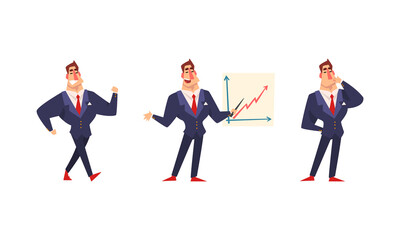 Successful Businessman Character Set, Funny Strong Muscular Businessman in Actions Cartoon Vector Illustration