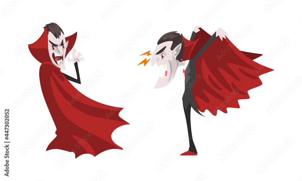 Sticker angry vampire set, scary count dracula character wearing black and red cape, happy halloween concept