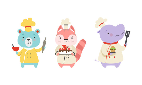 Cute Animal Chefs Characters Set, Bear, Cat, Hippo in Uniform Cooking Tasty Dishes Cartoon Vector Illustration