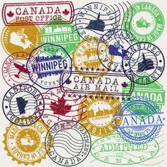 Winnipeg, MB, Canada Set of Stamps. Travel Stamp. Made In Product. Design Seals Old Style Insignia.