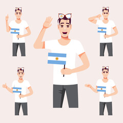 A handsome man with the Argentine flag. A set of fan emotions. Vector illustration on cartoon style.