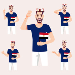 An attractive man with the Egyptian flag. A set of fan emotions. Vector illustration on cartoon style