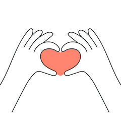Hands are making heart with fingers. Care, love and empathy concept. Thin line vector illustration on isolated white background.