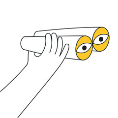 Hand is holding binoculars. Vision, research, observation, discovery and exploration icon concept. Thin line vector illustration on white.