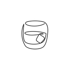 One line drawing whiskey glass on white background. Object for celebration design. Black white cartoon graphic sketch. Continuous line way. Hand drawn party drinks concept. Freehand drawing style