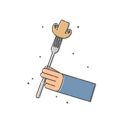 Mushroom on a fork in human hand on white background. Organic vegetable for eating. Flat illustration on white background. Line art style. Outline image. An color image for the design of restaurants