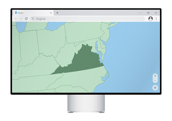 Computer monitor with map of Virginia in browser, search for the country of Virginia on the web mapping program.