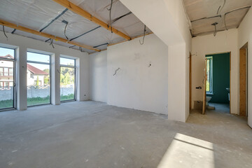 Empty unfurnished room with minimal preparatory repairs. interior with white walls and drywall
