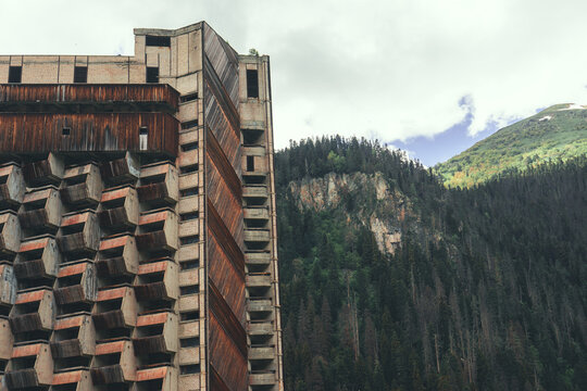 Soviet modernism architecture style in Dombay, Caucasus Mountains in Karachay-Cherkessia region, Russia.