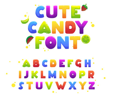 Sweet colorful candy english alphabet a flat cartoon vector illustration.