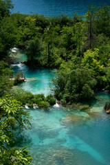 Beautiful splashes of water on waterfalls in Croatia national park Plitvice lakes