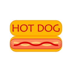 Hot dog with sausage, sauce and ketchup inside. Vector illustration. Template for signboard, menu, sticker, web site, icon and other design ideas. Isolated clipart on a blank clean background.