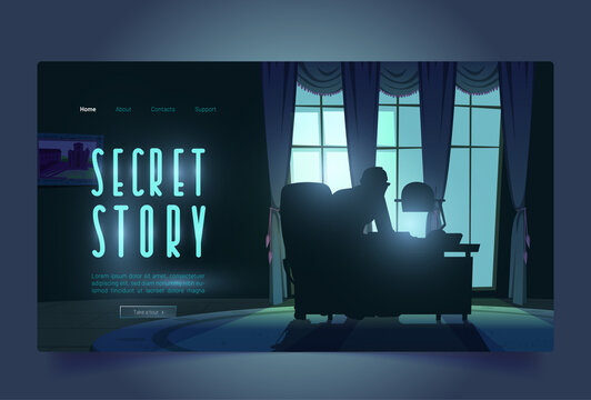 Secret story tour banner with spy in night office