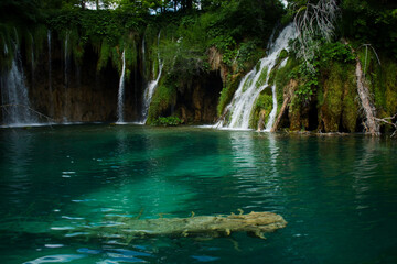 Beautiful splashes of water on waterfalls in Croatia national park Plitvice lakes