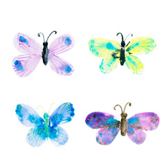 et of colourful bright watercolor butterflies in pink, purple, blue and yellow colors