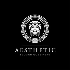 Ancient Greek God Sculpture Philosopher logo design and ornament rectangle in circle,aesthetic logo,emblems vector template in black background