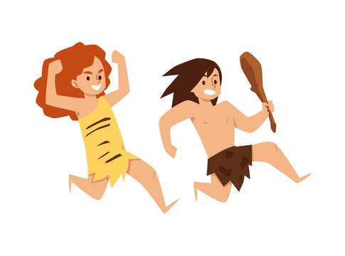 Primitive stone age period children hunting, flat vector illustration isolated.