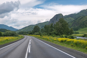road asphalt mountains river flowers summer