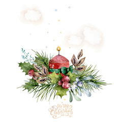 Watercolor Christmas Candles with winter floral. Hand drawn isolated illustration - 447307088