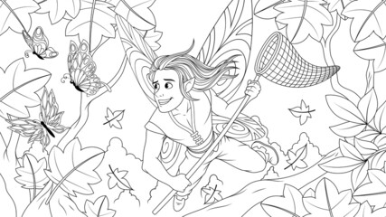 Vector graphics, a cheerful young fairy boy fairy with a butterfly net after butterflies, tries to catch