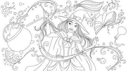 Vector illustration, a beautiful young witch learns to conjure, raises objects into the air with the help of magic