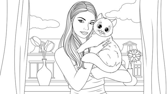 Vector illustration, a beautiful girl holding a beloved cat pet in her arms