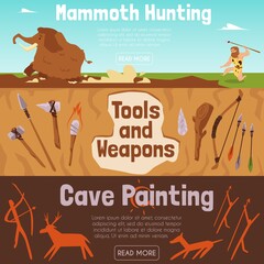 Set of flat vector banners on theme of life prehistoric cave people in stone age