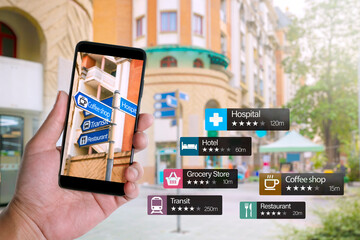 Customer service experience and business satisfaction survey. road sign in smartphone with icon...