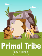 Primal tribe life banner with cave people characters flat vector illustration.