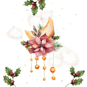 Watercolor Christmas Moon with winter floral branch. Hand drawn isolated illustration