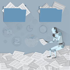 Flat of Artificial intelligence technology,Robot sitting on the document papers and analyzing them - Vector